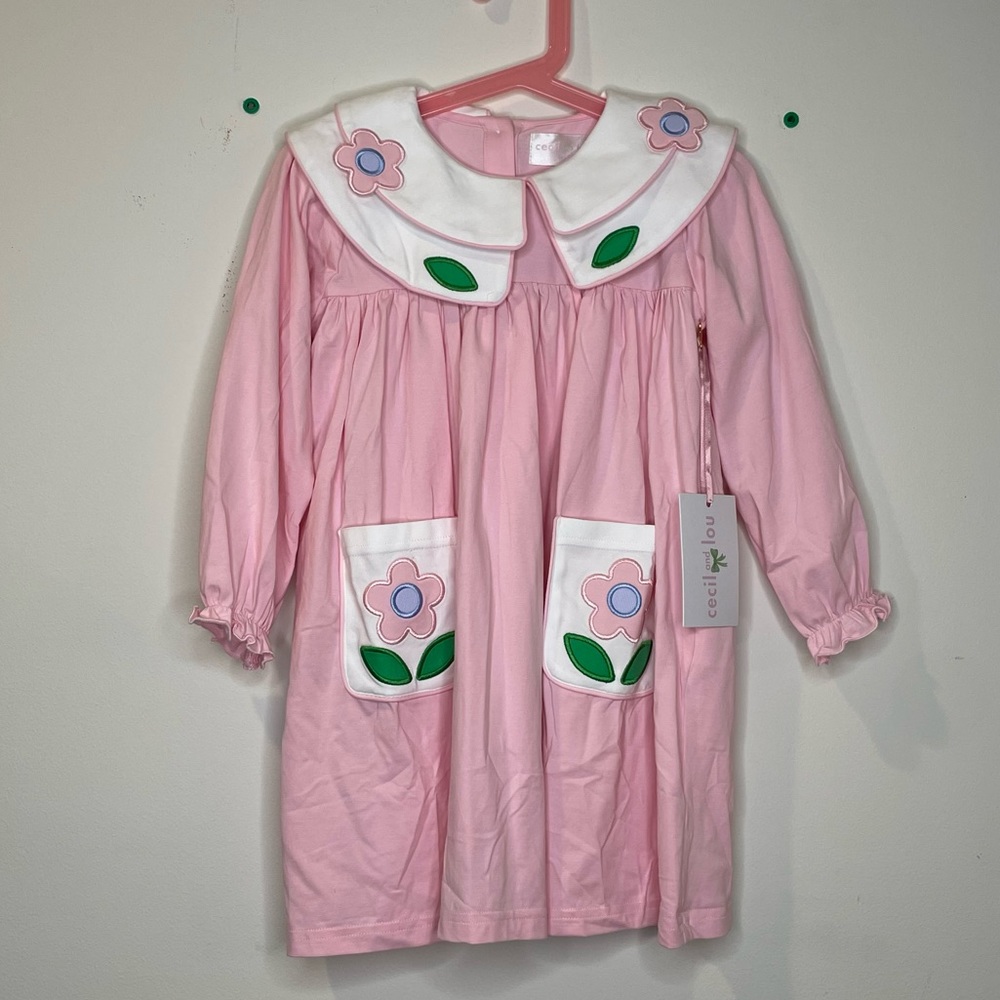Cecil and Lou Pink Swiss Dot Applique Flower Dress Long Sleeve 4T NWT